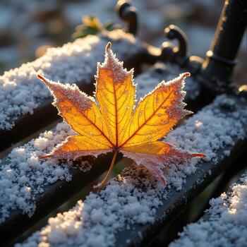 The is a closeup of a single orange maple leaf resting on a black metal railing covered in snow. The leaf is in the center of the with its stem and leaves facing towards the right side of the frame. photo