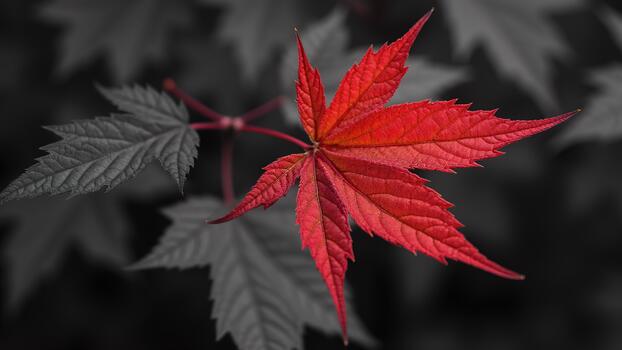 The is a closeup of a single red maple leaf. The leaf is in focus while the background is blurred making it the focal point of the . photo