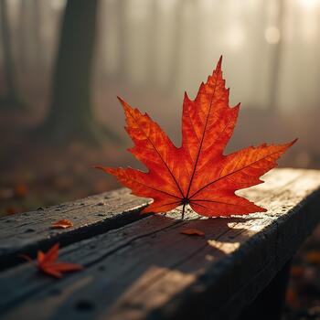 The is a closeup of a single red maple leaf resting on a wooden bench. The leaf is in focus while the background is blurred but it appears to be a wooded area with trees and fallen leaves. photo