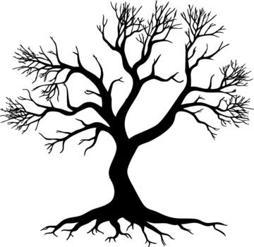 Unique flat art of an isolated, bare tree with intricate branches and roots vector