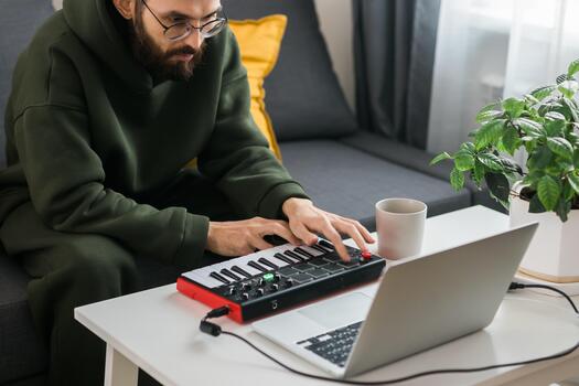 Man music producer or arranger using laptop and midi keyboard and other audio equipment to create music at home studio. Beat making and arranging audio content and composing photo