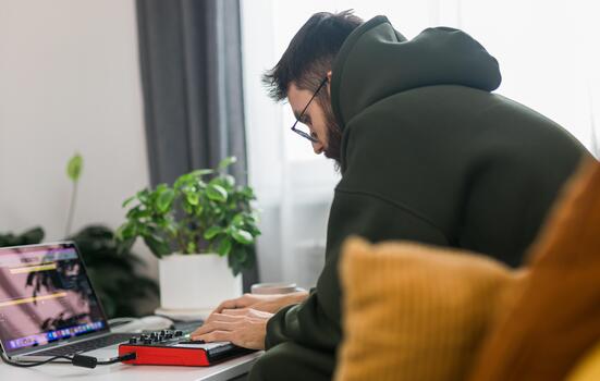 Guy music producer or arranger using laptop and midi keyboard and other audio equipment to create music at home studio. Beat making and arranging audio content and composing song concept photo