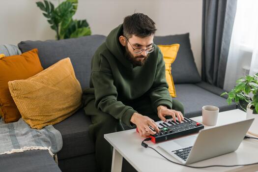 Man music producer or arranger using laptop and midi keyboard and other audio equipment to create music at home studio. Beat making and arranging audio content and composing song photo