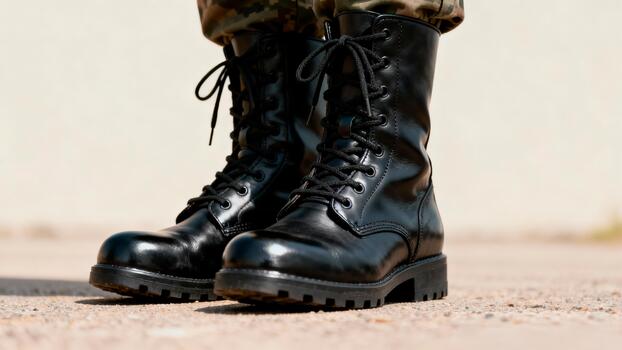 The Military Combat Boots Standing at Attention Close-up photo