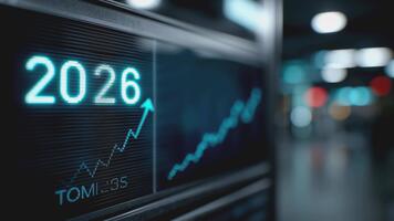 digital tela exibição com brilhando ciano 2026 ano e para cima crescimento gráfico moderno o negócio analytics interface video