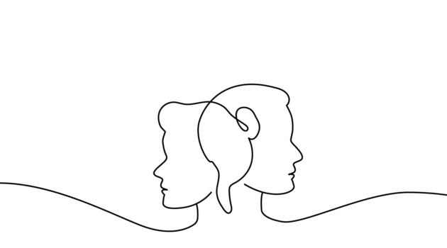 Continuous one line drawing of a couples faces gently facing each other. Minimalist abstract portrait illustrating love, connection, and intimacy in a single unbroken stroke. illustration. vector