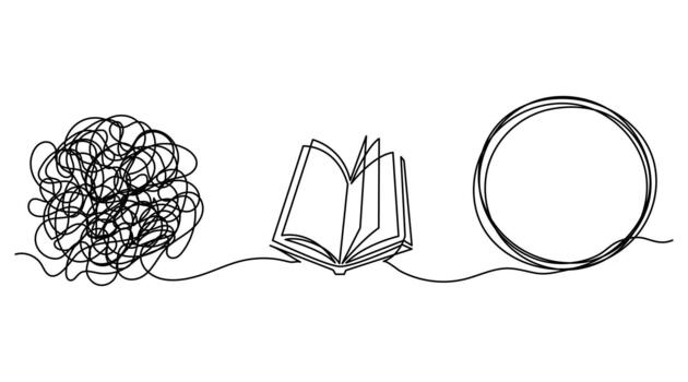 abierto libro dibujado en uno continuo línea, con caótico arremolinándose círculos emergente desde el paginas símbolo de problemas, confusión, o sucio pensamientos transformando mediante aprendiendo. vector