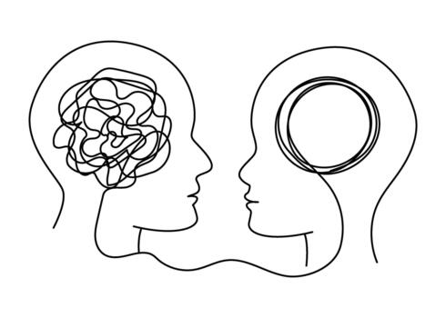 One continuous line drawing of two human profiles facing each other, with one chaotic, tangled brain form connecting to a calm, circular brain form. Minimalistic monoline concept vector