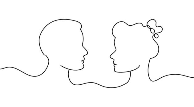 One continuous line drawing of a man and woman facing each other, forming an abstract minimalist portrait of a romantic couple. Simple monoline style emphasizing connection, intimacy, and emotional vector