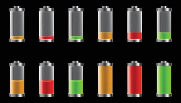 Set of battery icons displaying various charge and power levels vector