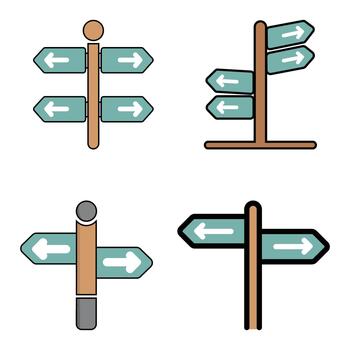 Directional signs on wood posts indicate pathways using different directions, showcasing navigation options on white background vector
