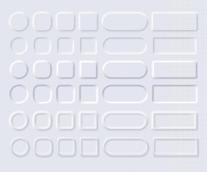 Set of editable, elegant buttons in neomorphism and liquid glass styles. Design elements for website navigation, app navigation, and mobile menus, isolated on a light background. vector