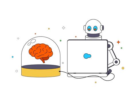 Robot with generative artificial intelligence is connected to a human brain for learning. Concept of learning in the future of artificially created life. vector