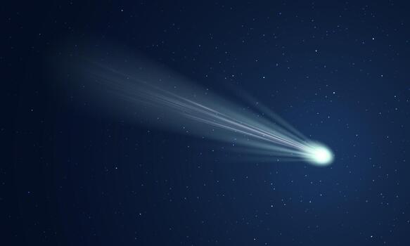 Realistic comet in space with a light tail against a dark cosmic background of a starry universe. vector