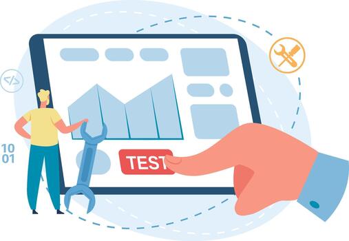 Developer testing software application on digital tablet vector