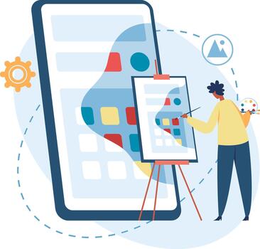 Person designing a mobile application user interface on an easel vector