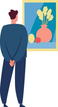 Man observing abstract painting in art gallery vector