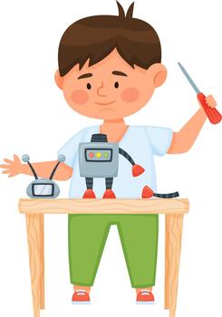 Boy building robot with screwdriver on table vector