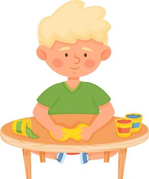 chico jugando con modelado arcilla a mesa vector
