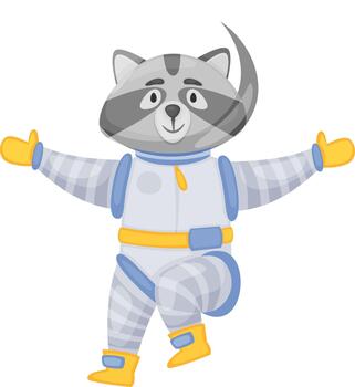 Raccoon astronaut floating in spacesuit welcoming gesture vector