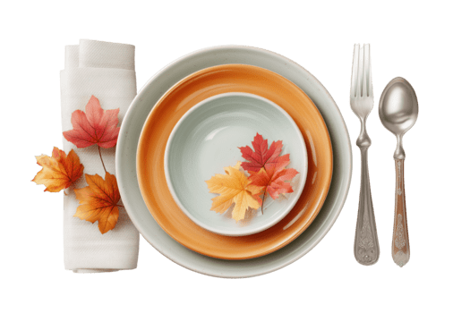 Autumnal Table Setting with Maple Leaves and Silverware isolated on a transparent background fall place png