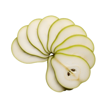 Thinly sliced green pear arranged in a spiral pattern isolated on transparent background png