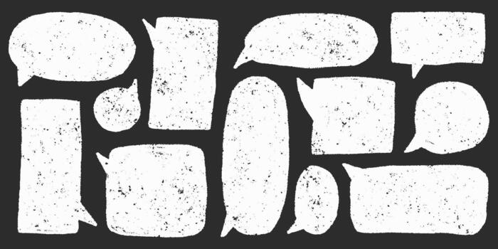 Grainy scribbled outlines, empty message boxes and cute dialog balloons, text box chalkboard style with chalky pencil texture and subtle dust effect. vector