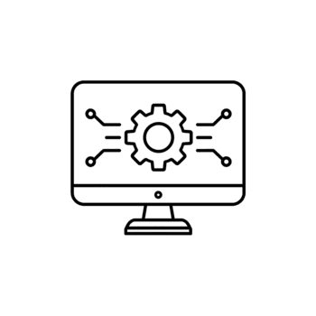 Stylized computer screen displaying a gear mechanism with electronic circuit connections on a png