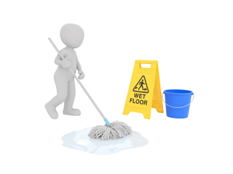 3d interpretazione persona rastrellamento su un' pozzanghera con bagnato pavimento cartello e secchio su un' trasparente superficie png