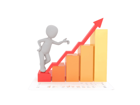 Conceptualization of financial progress with a person climbing a bar graph with an arrow showing png