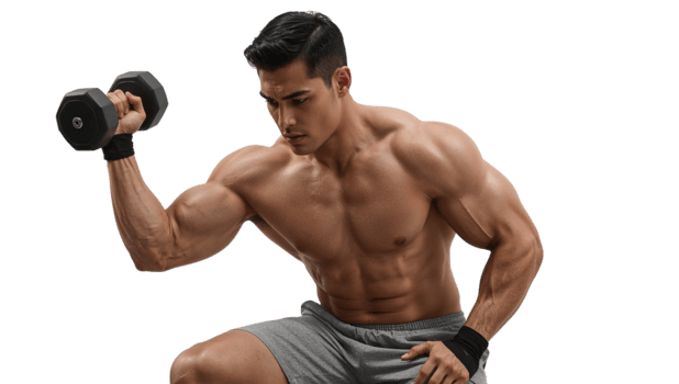 Focused fitness model executes bicep curl with dumbbell against transparent setting for health and png
