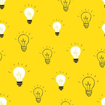 Light bulb seamless pattern with many yellow bulbs vector