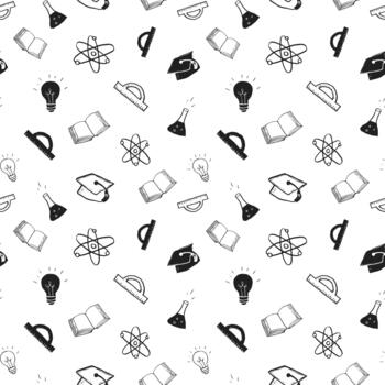 Black-and-white pattern with various school items vector