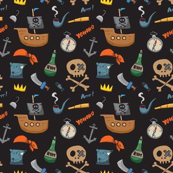 pirata tema sin costura modelo con barco, sombrero, y bandera vector