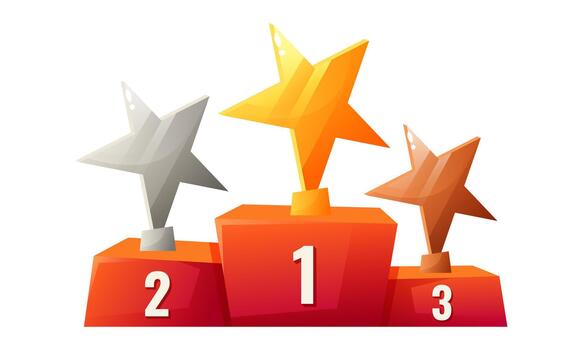 A podium with three levels, featuring a gold star on the highest level, an orange star in the middle, and a silver star on the lowest level. Ideal for award themes. vector