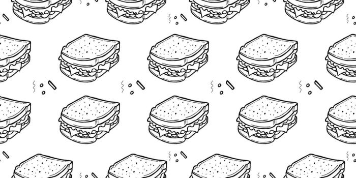 Hand drawn seamless sandwich pattern in line art style. A simple repeating food pattern suitable for background, textiles, restaurant material, label, and packaging vector