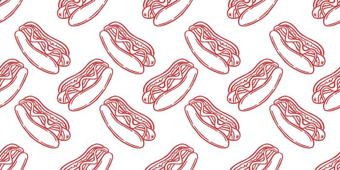 Simple line art hotdog seamless pattern on white background, perfect for textile, packaging, menu, and background vector
