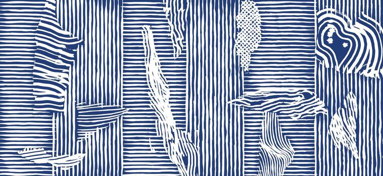 Hand drawn brush line abstract irregular stripes and organic shapes pattern, Japanese and tribal wood carving, block print texture background for textile, carpet, modern design project. vector
