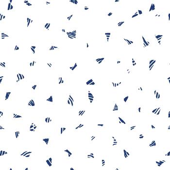 Abstract seamless pattern featuring scattered, small, hand-drawn brush stroke fragments in deep indigo blue on a clean white background. Modern, random, confetti-like surface design. vector