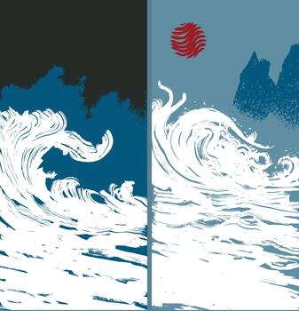 Hand drawn expressive and dynamic ocean waves brush strokes background set, Japanese inspired, woodcut, block print texture dramatic graphic banner for decoration and modern design. vector
