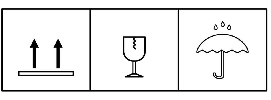 Package Handling Icon Set, Fragile, Keep Dry, and This Side Up Packaging Symbols. vector