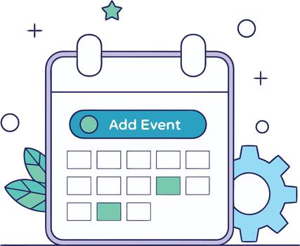 Teal button on calendar grid with gear icon and leaves event vector