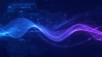 Seamless looping motion graphic of glowing neon waves flowing in 3D space, blue and pink gradients, soft light trails, elegant bokeh particles, futuristic background, smooth animation, video