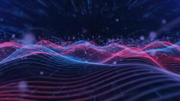 Seamless looping motion graphic of glowing neon waves flowing in 3D space, blue and pink gradients, soft light trails, elegant bokeh particles, futuristic background, smooth animation video