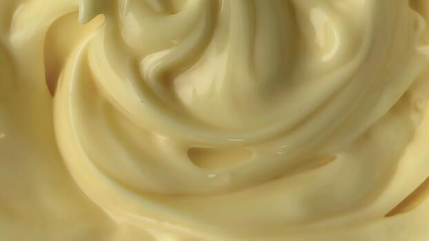 Smooth creamy swirl of rich yellow custard forming flowing curves and soft textured patterns that highlight its appetizing glossy surface in a detailed warm dessert culinary visual presentation photo