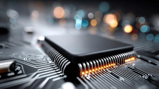 Microchip processing data on a computer circuit board photo
