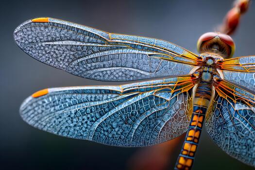 Dragonfly resting showing intricate wing patterns in macro photo