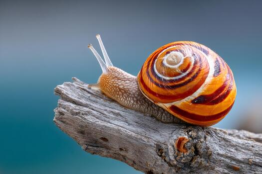 Snail crawling on a log with colorful spiral shell photo