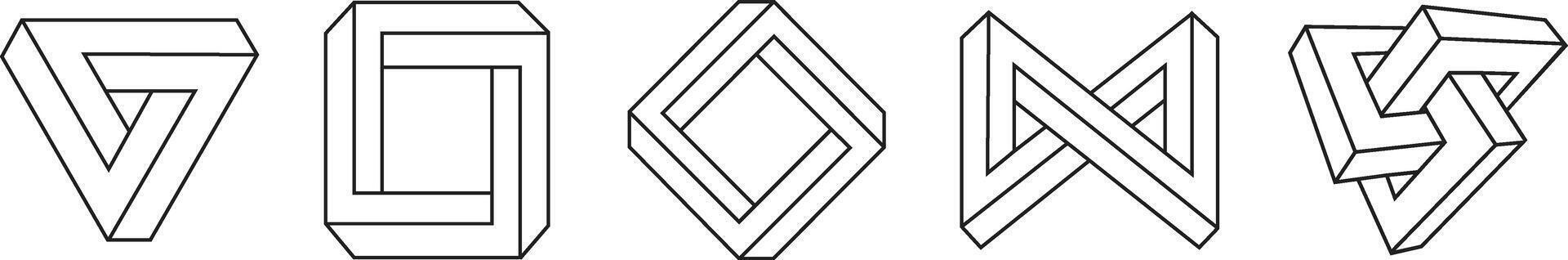Set of Five Impossible Shapes - Penrose Polygons, Optical Illusion, and Abstract Geometric Figures vector