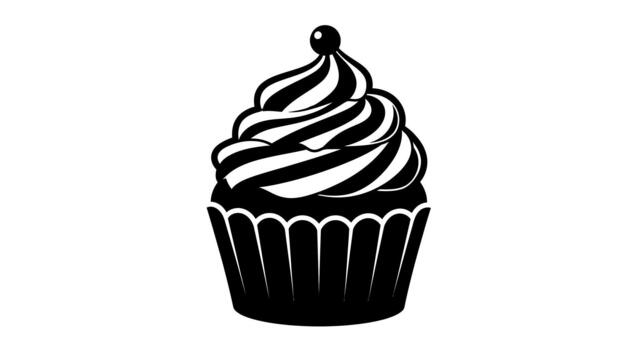 Black and white cupcake with swirl frosting and topping on transparent background vector